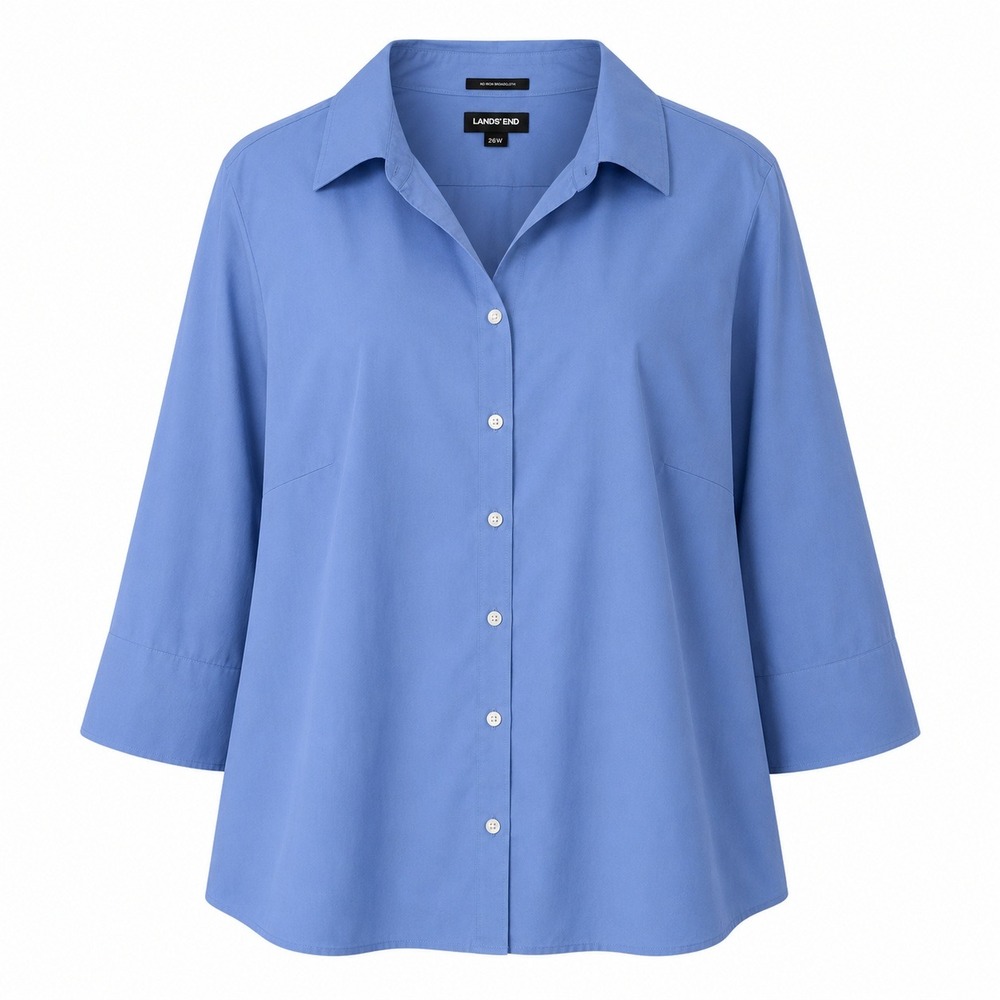 Lands' End Button Down Shirt Women 26W Blue No Iron Broadcloth 3/4 Sleeve Plus
